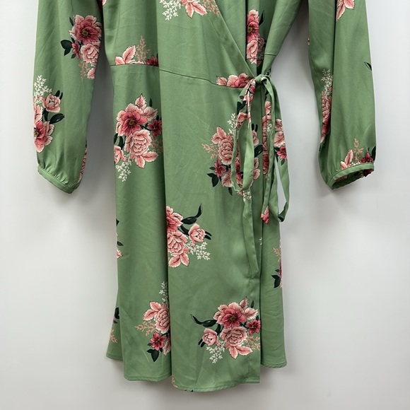 Ann Taylor LOFT Floral Wrap Surplice V-Neck Long Sleeve Mini Dress Green 12 - Picture 4 of 10